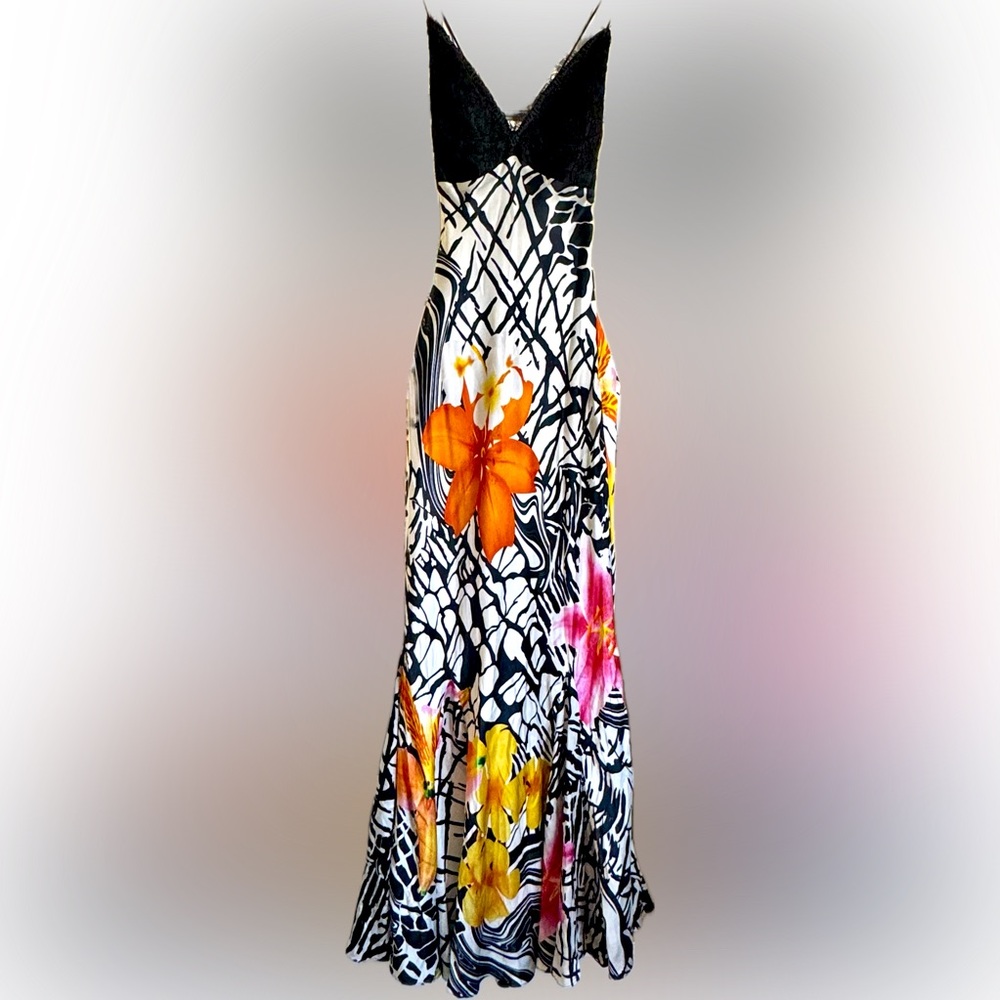 Mary L Couture 100% Silk Print Maxi Dress - Size 0 - Floral & Lace Elegance 🌺🖤